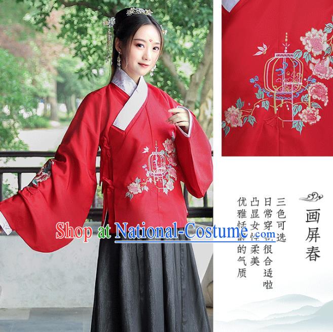 Chinese Traditional Ming Dynasty Patrician Lady Hanfu Dress Ancient Historical Costumes Red Blouse and Black Skirt Complete Set