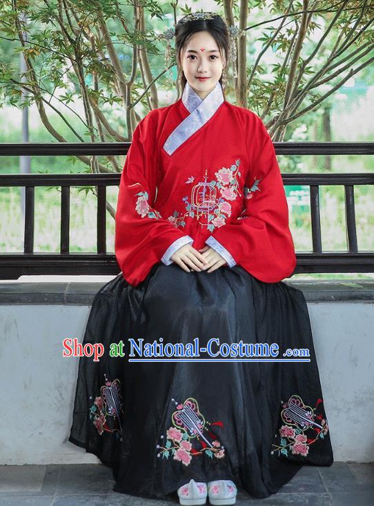 Chinese Traditional Ming Dynasty Patrician Lady Hanfu Dress Ancient Historical Costumes Red Blouse and Black Skirt Complete Set