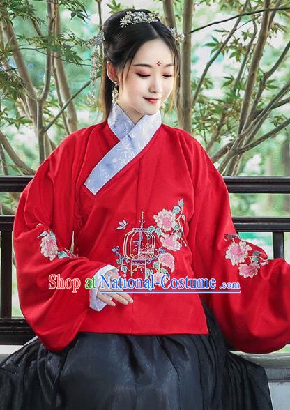 Chinese Traditional Ming Dynasty Patrician Lady Hanfu Dress Ancient Historical Costumes Red Blouse and Black Skirt Complete Set