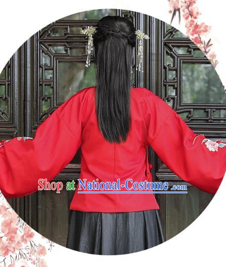 Chinese Traditional Ming Dynasty Patrician Lady Hanfu Dress Ancient Historical Costumes Red Blouse and Black Skirt Complete Set