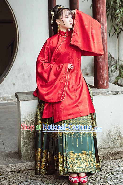 Chinese Traditional Ancient Patrician Lady Hanfu Dress Ming Dynasty Red Blouse and Green Brocade Skirt Historical Costumes Complete Set