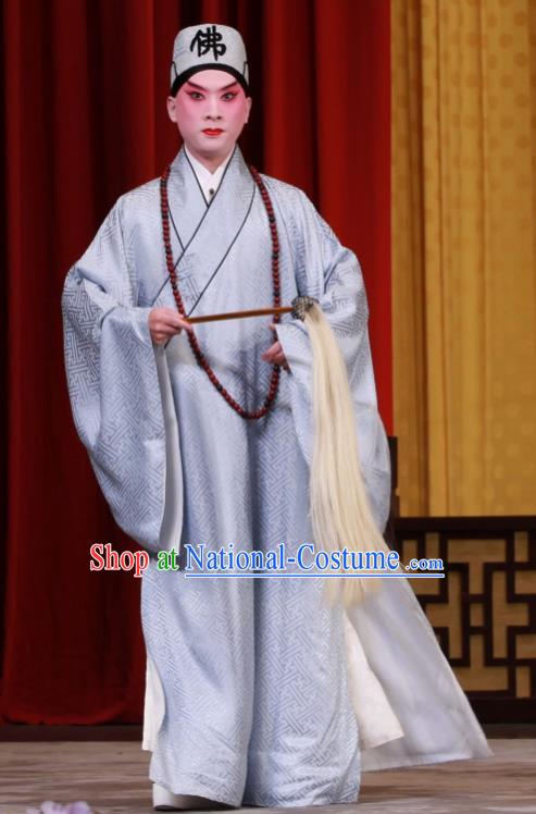 Sha Qiao Jian Bie Chinese Peking Opera Monk Grey Robe Garment Costumes and Headwear Beijing Opera Xuan Zhuang Apparels Clothing