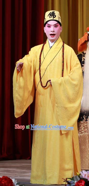 Sha Qiao Jian Bie Chinese Peking Opera Garment Costumes and Headwear Beijing Opera Monk Xuan Zhuang Yellow Robe Apparels Clothing