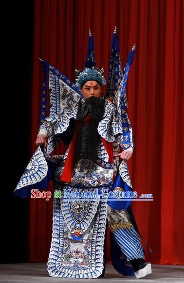 White Gate Tower Chinese Peking Opera General Zhang Liao Garment Costumes and Headwear Beijing Opera Military Officer Kao Apparels Armor Clothing with Flags