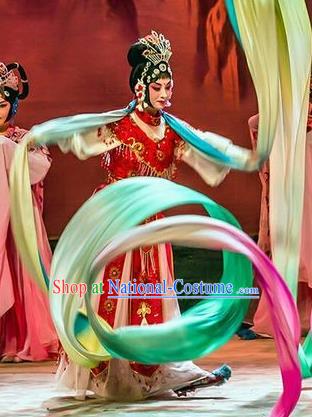 Chinese Beijing Opera Goddess Dance Apparels Daming Prefecture Costumes and Headpieces Traditional Peking Opera Hua Tan Red Dress Garment