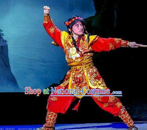 Daming Prefecture Chinese Peking Opera Young Boy Garment Costumes and Headwear Beijing Opera Wusheng Apparels Takefu Liu Chenxiang Clothing