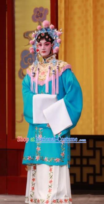 Chinese Beijing Opera Xiaodan Apparels Wei Yang Palace Costumes and Headpieces Traditional Peking Opera Court Maid Blue Dress Garment