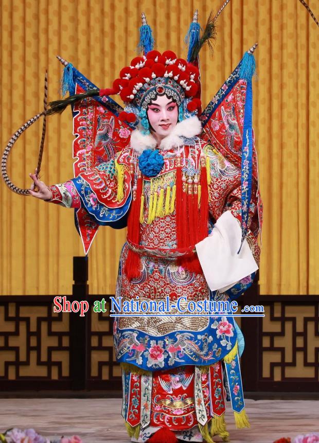 Chinese Beijing Opera Female General Armor Apparels Mu Ke Zhai Costumes and Headpieces Traditional Peking Opera Tao Ma Tan Dress Mu Guiying Kao Garment with Flags