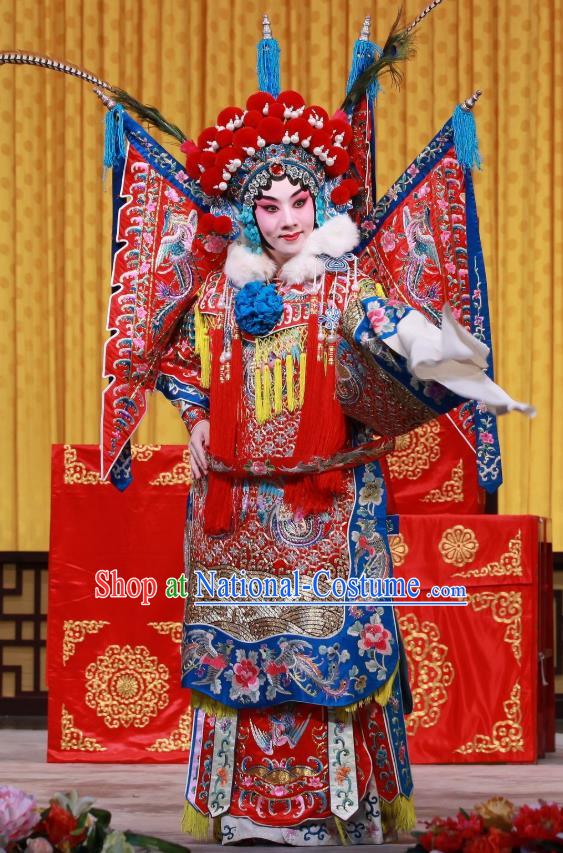 Chinese Beijing Opera Female General Armor Apparels Mu Ke Zhai Costumes and Headpieces Traditional Peking Opera Tao Ma Tan Dress Mu Guiying Kao Garment with Flags