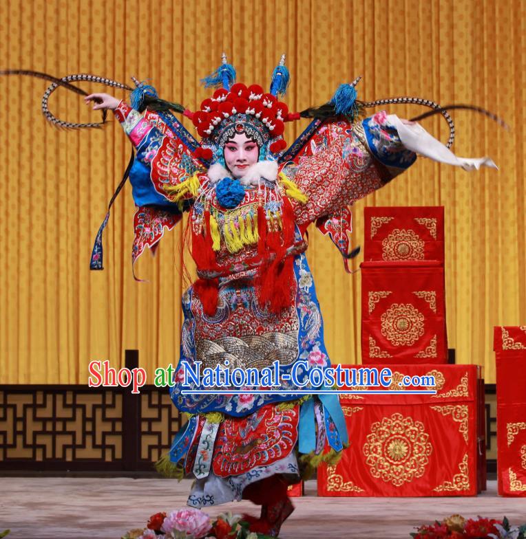 Chinese Beijing Opera Female General Armor Apparels Mu Ke Zhai Costumes and Headpieces Traditional Peking Opera Tao Ma Tan Dress Mu Guiying Kao Garment with Flags