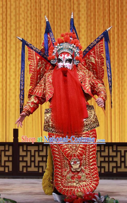 Mu Ke Zhai Chinese Peking Opera Jing Role Garment Costumes and Headwear Beijing Opera Apparels General Meng Liang Red Kao Armor Clothing with Flags