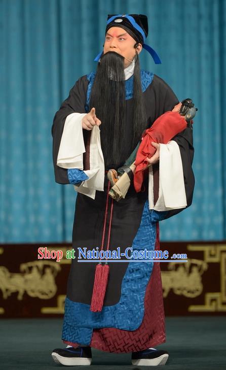 Chun Qiu Bi Chinese Peking Opera Elderly Male Garment Costumes and Headwear Beijing Opera Scholar Apparels Official Historian Wang Shaozhi Clothing