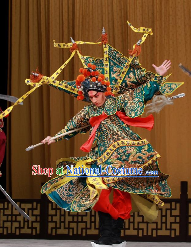 Sang Yuan Ji Zi Chinese Peking Opera Wusheng Garment Costumes and Headwear Beijing Opera General Kao with Flags Apparels Clothing