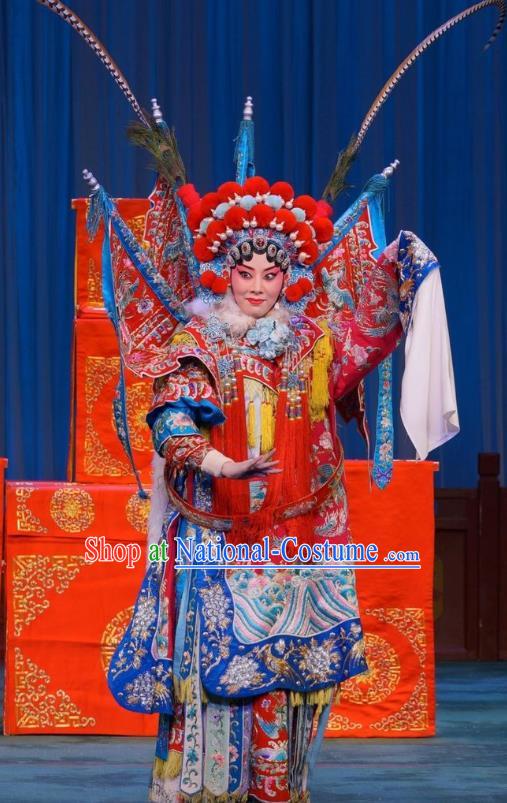 Chinese Beijing Opera Tao Ma Tan Mu Guiying Apparels Mu Ke Zhai Costumes and Headpieces Traditional Peking Opera Dress Female General Armor Garment with Flags