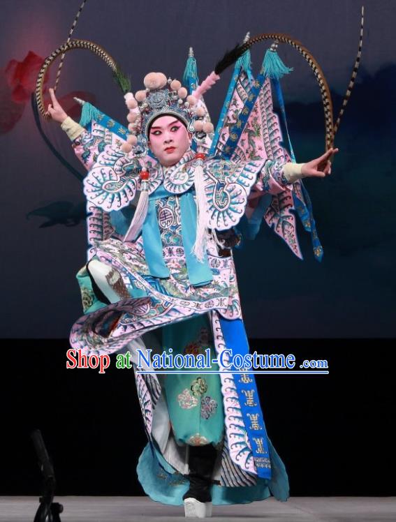 Mu Ke Zhai Chinese Peking Opera Martial Male Yang Zongbao Garment Costumes with Flags and Headwear Beijing Opera Apparels General Kao Armor Clothing