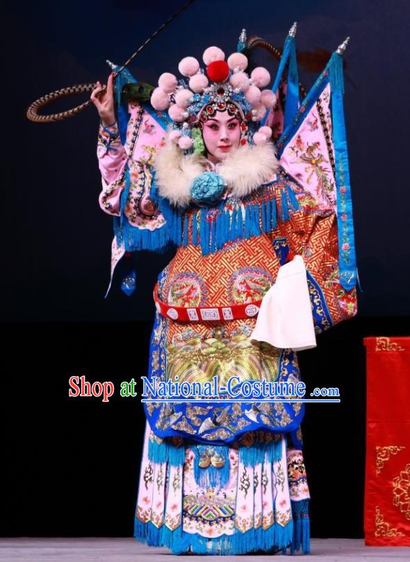 Chinese Beijing Opera Tao Ma Tan Armor Apparels Mu Ke Zhai Costumes and Headpieces Mu Guiying Kao Garment with Flags Traditional Peking Opera Blues Dress