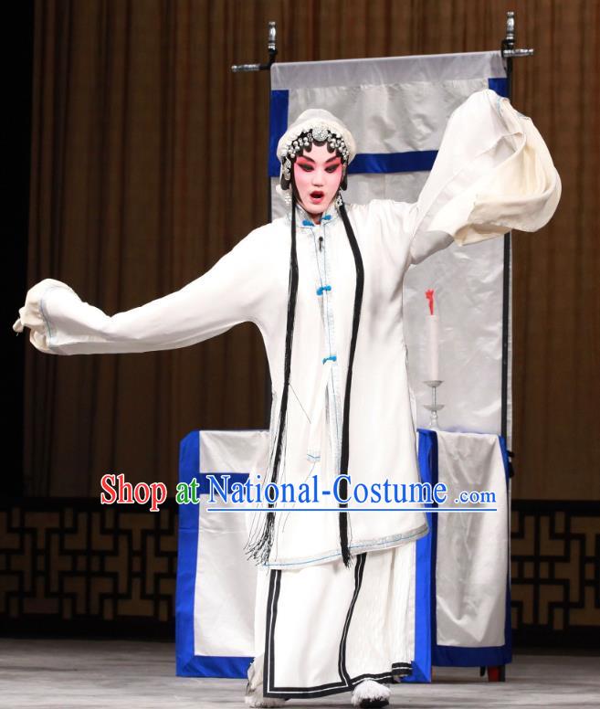 Chinese Beijing Opera Widow Shen Xuezhen Apparels Qing Shuang Sword Costumes and Headpieces Traditional Peking Opera Tsing Yi Dress Distress Maiden Garment