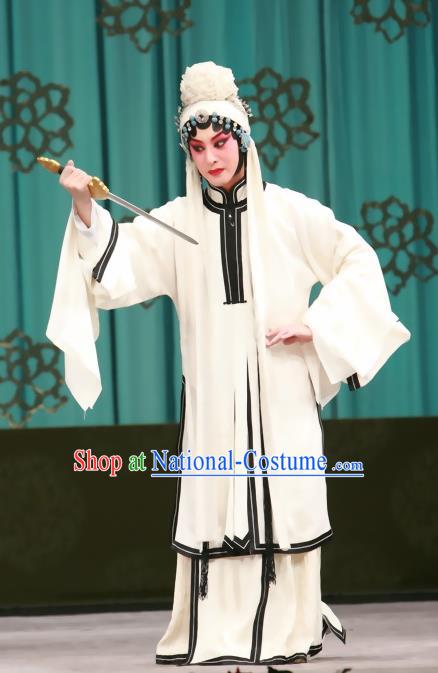 Chinese Beijing Opera Apparels Qing Shuang Sword Costumes and Headpieces Traditional Peking Opera Young Female Shen Xuezhen Dress Distress Maiden Widow Garment