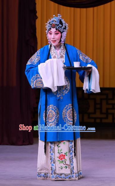 Chinese Beijing Opera Young Female Yue Mu Ci Zi Apparels Costumes and Headpieces Traditional Peking Opera Actress Blue Dress Wife Garment