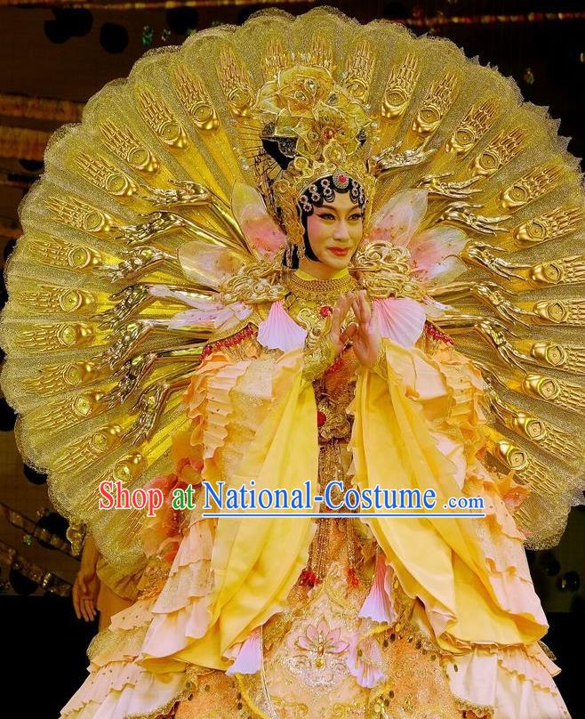 Chinese Beijing Opera Bodhisattva Apparels Love of Guan Yin Costumes and Headdress Traditional Peking Opera Mercy Buddha Dress Goddess Garment