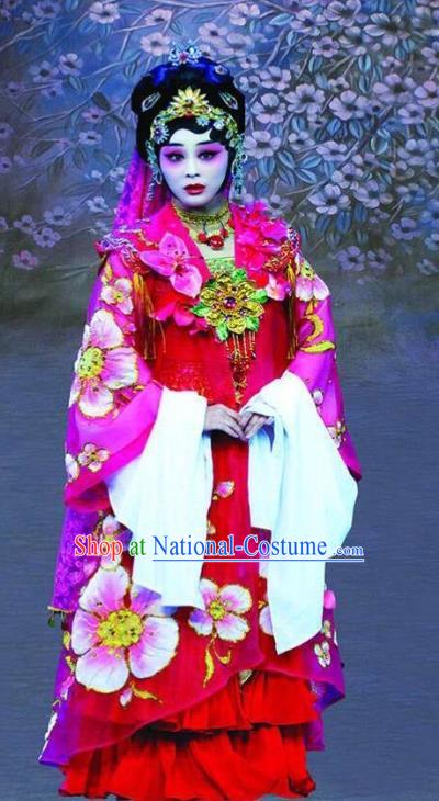 Chinese Beijing Opera Young Lady Apparels Love of Guan Yin Costumes and Headdress Traditional Peking Opera Goddess Princess Rosy Dress Garment