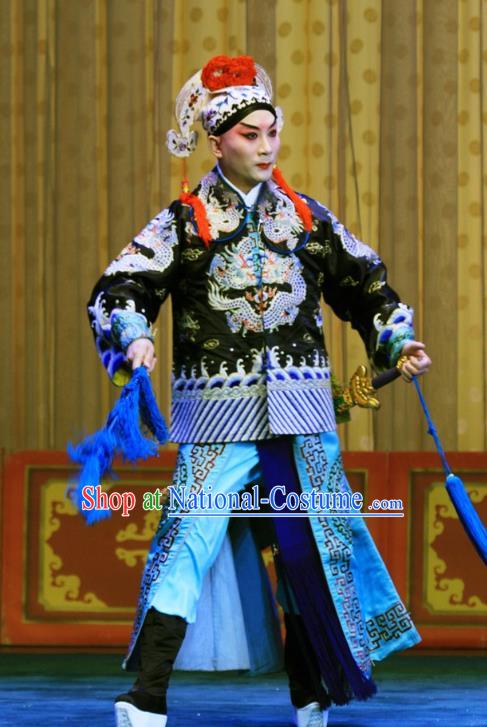 Mu Hu Guan Chinese Peking Opera Martial Male Garment Costumes and Headwear Beijing Opera Wusheng Apparels Soldier Zhang Bao Clothing