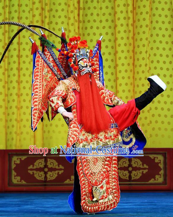 Bai Liang Guan Chinese Peking Opera General Armor Garment Costumes and Headwear Beijing Opera Apparels Martial Male Yuchi Gong Clothing with Flags