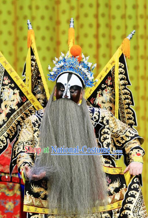 Bai Liang Guan Chinese Peking Opera Military Leader Garment Costumes and Headwear Beijing Opera General Kao Apparels Black Armor Clothing with Flags