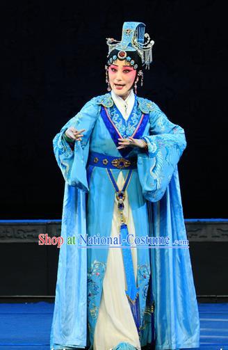 Chinese Beijing Opera Actress Apparels King Zhao Wuling Costumes and Headdress Traditional Peking Opera Hua Tan Blue Dress Queen Wu Wa Garment