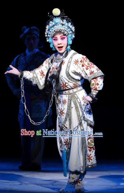 Chinese Beijing Opera Swordsplay Female Apparels Feng Yu Xing Huang Qi Costumes and Headdress Traditional Peking Opera Woman Hero Fang Yinhua Dress Garment