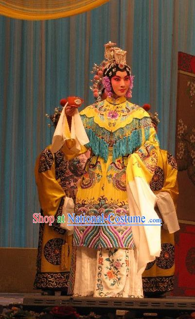 Chinese Beijing Opera Queen Lv Apparels Fish and Algae Palace Costumes and Headdress Traditional Peking Opera Hua Tan Dress Emperor Garment