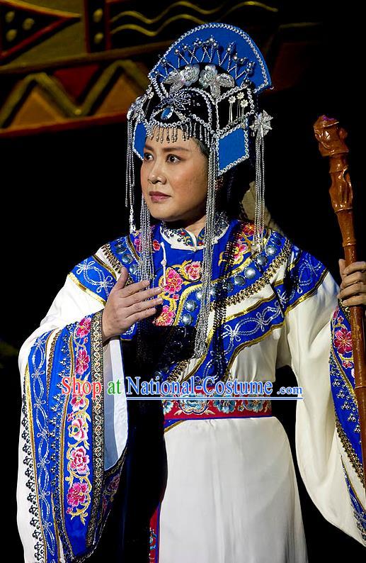 Chinese Beijing Opera Laodan Garment Lu Shui Yi Shan Costumes and Hair Accessories Traditional Peking Opera Elderly Female Dress Pantaloon Meng Qi Apparels