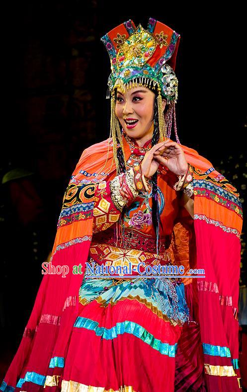 Chinese Beijing Opera Hua Tan Garment Lu Shui Yi Shan Costumes and Hair Accessories Traditional Peking Opera Actress Dress Queen Zhu Rong Apparels