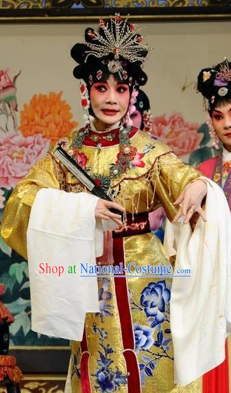 Chinese Beijing Opera Actress Garment The Dream Of Red Mansions Costumes and Hair Accessories Traditional Peking Opera Diva Wang Xifeng Golden Dress Apparels