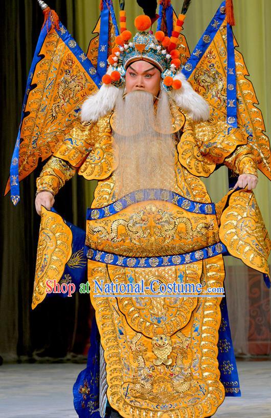 Zhu Lian Zhai Chinese Peking Opera Laosheng Apparels Costumes and Headpieces Beijing Opera Elderly Male Garment General Li Keyong Kao Clothing with Flags