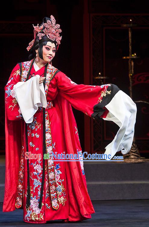 Chinese Beijing Opera Bride Cai Wenji Apparels Anecdote of Jian An Costumes and Headdress Traditional Peking Opera Hua Tan Red Dress Actress Wedding Garment