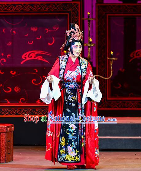 Chinese Beijing Opera Diva Cai Wenji Apparels Anecdote of Jian An Costumes and Headdress Traditional Peking Opera Young Female Red Dress Hua Tan Garment