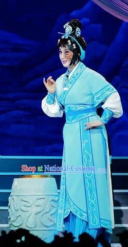 Chinese Beijing Opera Country Woman Apparels Qi Nv Wu Rong Costumes and Headdress Traditional Peking Opera Female Swordsman Blue Dress Garment