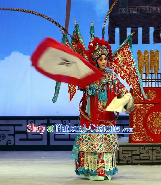 Chinese Beijing Opera Female General Mu Guiying Apparels Zhan Hong Zhou Costumes and Headdress Traditional Peking Opera Blues Dress Tao Ma Tan Garment