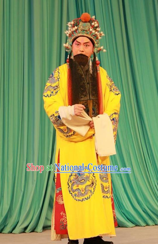 Zhan Hong Zhou Chinese Peking Opera Laosheng Garment Costumes and Headwear Beijing Opera Elderly Male Apparels Emperor Clothing