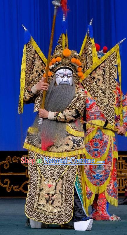 Gai Rong Zhan Fu Chinese Peking Opera General Armor Garment Costumes and Headwear Beijing Opera Kao Apparels Military Officer Han Rong Clothing with Flags