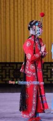 Chinese Beijing Opera Xiaodan Apparels Pu Qiu Mountain Costumes and Headdress Traditional Peking Opera Young Lady Dress Servant Girl Red Garment