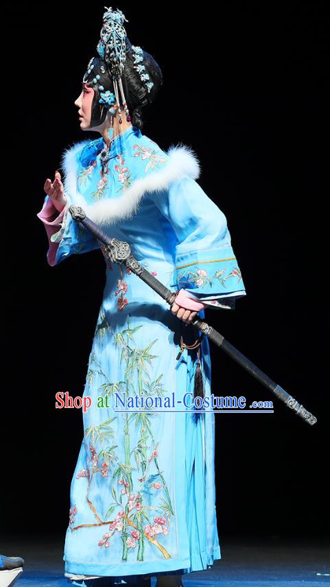 Chinese Beijing Opera Hua Tan Apparels Mei Hua Zan Costumes and Headdress Traditional Peking Opera Princess Blue Dress Actress Garment