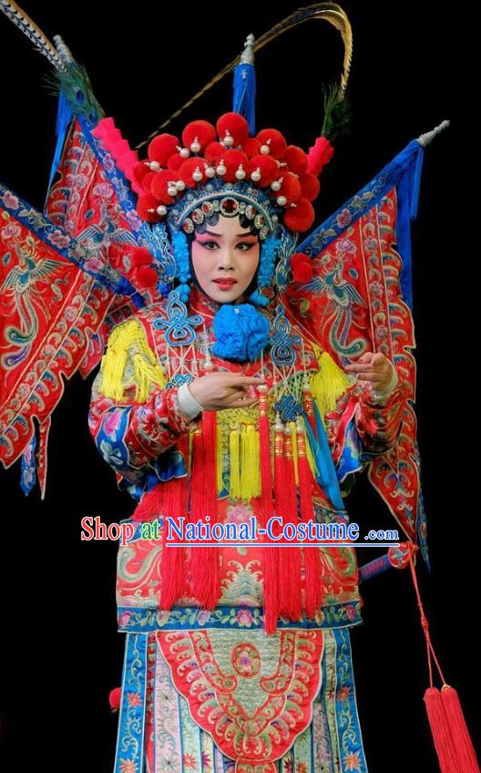 Chinese Beijing Opera Tao Ma Tan Kao Apparels Fan Jiang Guan Costumes and Headdress Traditional Peking Opera Female General Fan Lihua Dress Armor Garment with Flags