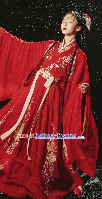 Traditional Chinese Ancient Royal Princess Embroidered Red Hanfu Dress Garment Jin Dynasty Wedding Historical Costumes Complete Set