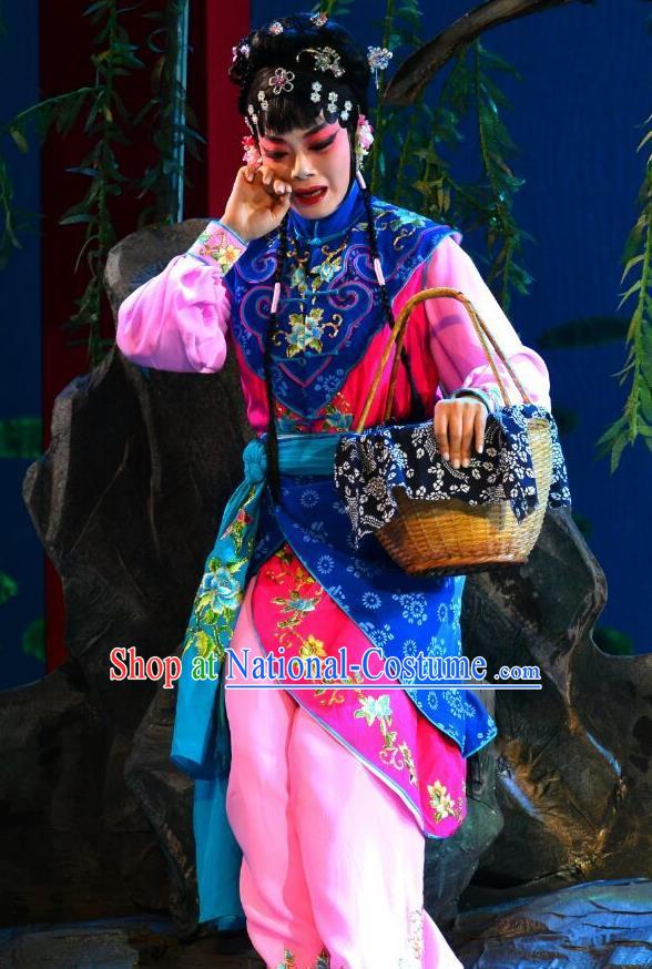 Chinese Beijing Opera Xiaodan Garment Hong Ling Yan Costumes and Hair Accessories Traditional Peking Opera Village Girl Li Fengjie Dress Apparels