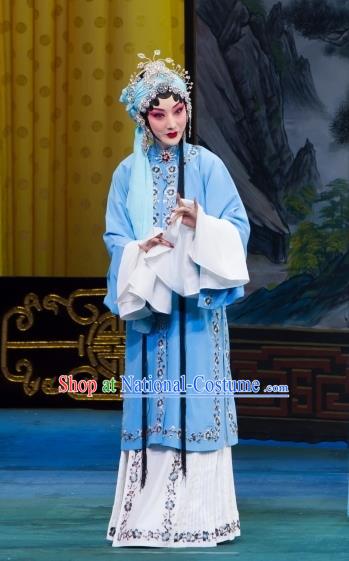 Chinese Beijing Opera Young Mistress Garment Zhou Ren Xian Sao Costumes and Hair Accessories Traditional Peking Opera Hua Tan Blue Dress Actress Apparels