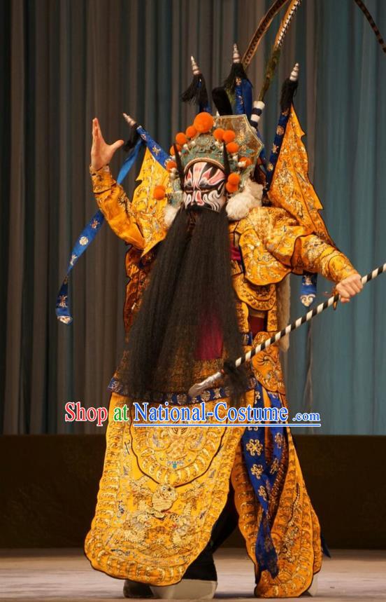 Mu Yang Juan Chinese Peking Opera General Huang Long Apparels Costumes and Headpieces Beijing Opera Wusheng Garment Armor Clothing with Flags