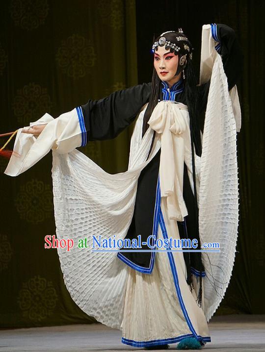 Chinese Beijing Opera Widow Zhao Jintang Garment Mu Yang Juan Costumes and Hair Accessories Traditional Peking Opera Tsing Yi Dress Distress Maiden Apparels