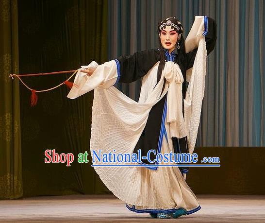 Chinese Beijing Opera Widow Zhao Jintang Garment Mu Yang Juan Costumes and Hair Accessories Traditional Peking Opera Tsing Yi Dress Distress Maiden Apparels